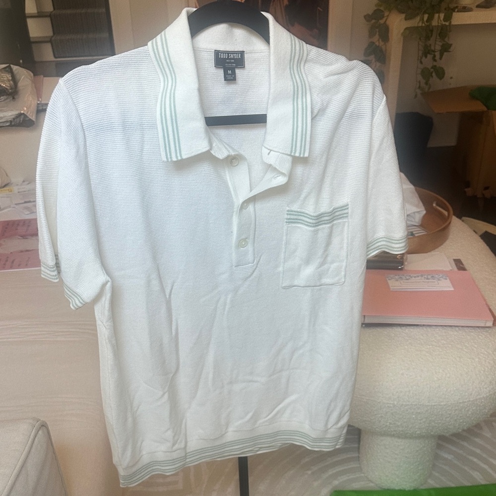 Todd Snyder White Polo with Mint Stripe Trim